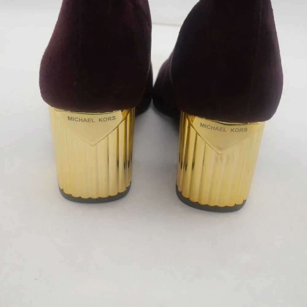NEW Michael Kors Woman's 7.5 Porter Boots Suede Merlot Burgundy Gold Block Heel